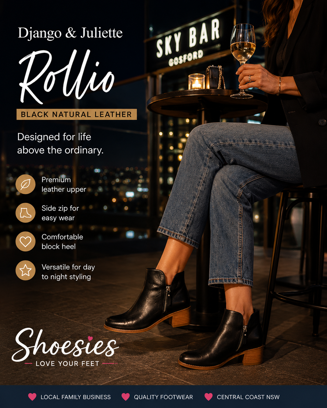 Django & Juliette Rollio Black Natural Heel Leather Ankle Boots