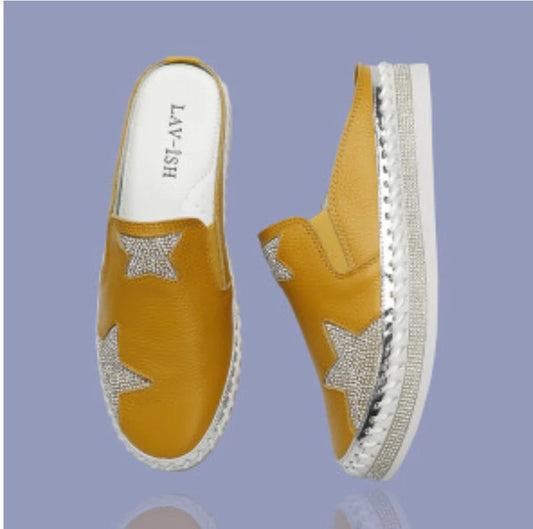 LAV-iSH Leather Crystal Star Slide LVSLDLT - MUSTARD