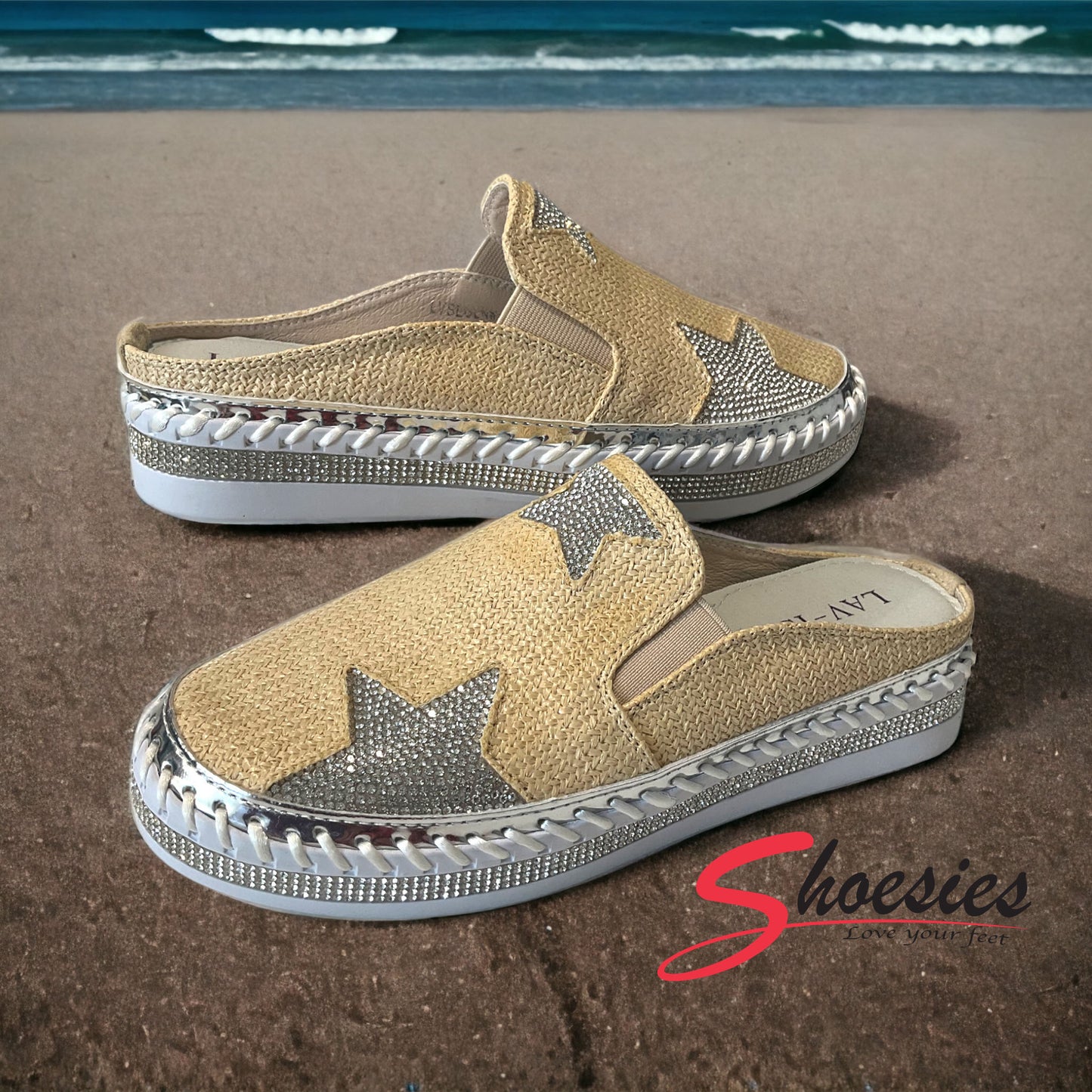 LAV-iSH Linen Weave Star Slides LVSLDLNW - BEIGE