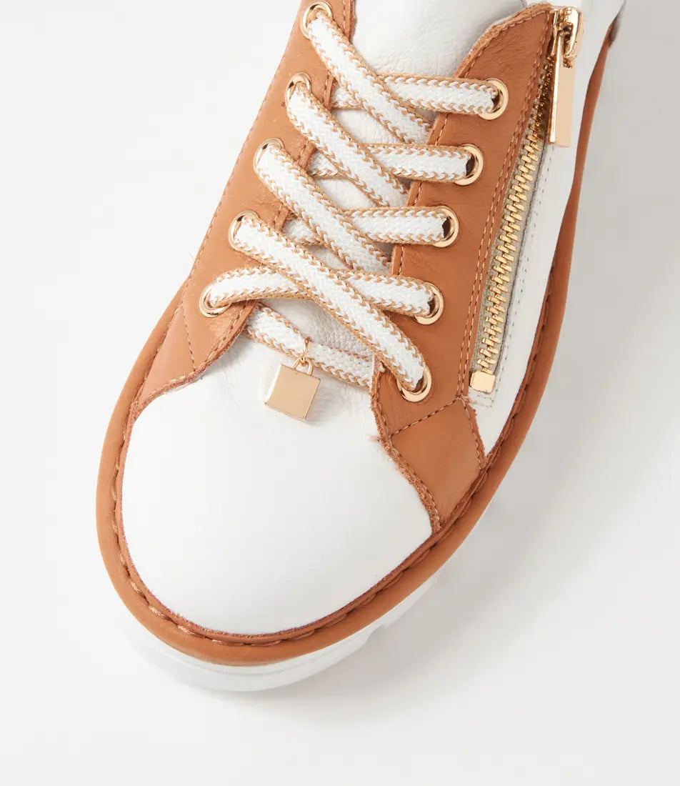 Top End Elos White/Dark Tan Leather Sneakers