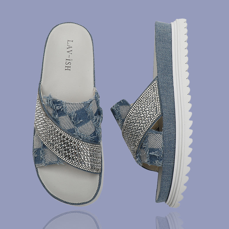 LAV-iSH Denim Cross-over Slides LVSDL0723 - Denim Blue