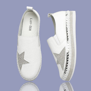 Lav-Ish LVSNKLT Leather Star Sneakers - White / Silver Star