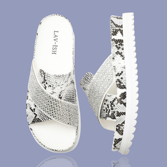 LAV-iSH Leather Cross-over Slides LVSDL0723 - Silver Snake